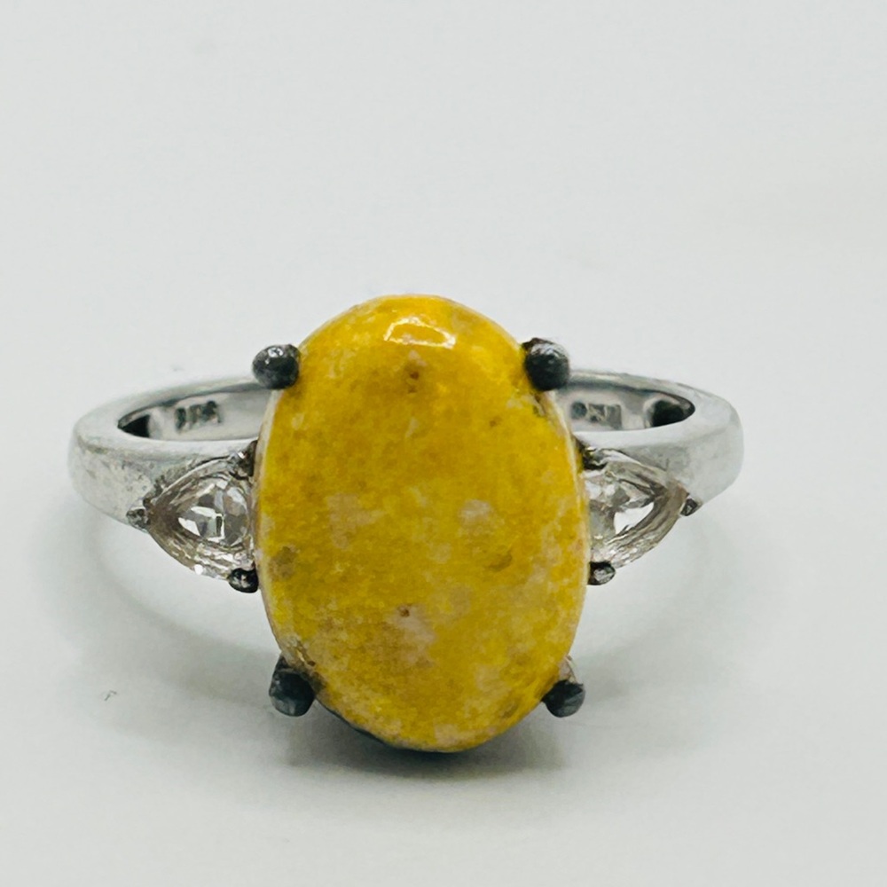 Bumblebee Jasper and White Sapphire Ring; Size 8.5; 925 Sterling Silver